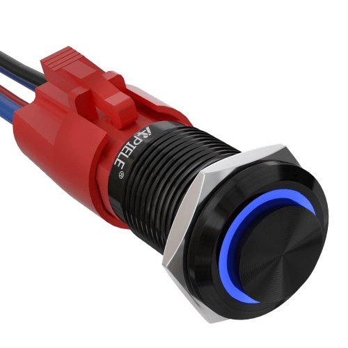 10 Amp 16mm Momentary Push Button Switch On Off with LED Angel Eye Head and Wire Socket Self-Reset - Blue/Aluminum alloy-High Head