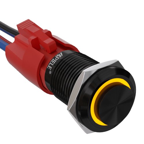 10 Amp 16mm Momentary Push Button Switch On Off with LED Angel Eye Head and Wire Socket Self-Reset - Yellow/Aluminum alloy-High Head