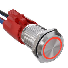 10 Amp 16mm Momentary Push Button Switch On Off with LED Angel Eye Head and Wire Socket Self-Reset - Red/Stainless steel-Flat Head