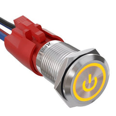 10 Amp 16mm Momentary Push Button Switch On Off with LED Angel Eye Head and Wire Socket Self-Reset - Yellow/Stainless steel-Power Logo