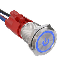 10 Amp 19mm Latching Stainless Steel/Aluminium alloy Push Button Switch LED Waterproof Round Self-Locking 1NO - Blue/Stainless steel-Power Logo