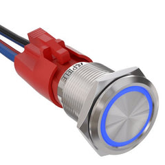 10 Amp 19mm Latching Stainless Steel/Aluminium alloy Push Button Switch LED Waterproof Round Self-Locking 1NO - Blue/Stainless steel-Flat Head