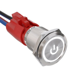 10 Amp 19mm Latching Stainless Steel/Aluminium alloy Push Button Switch LED Waterproof Round Self-Locking 1NO - White/Stainless steel-Power Logo