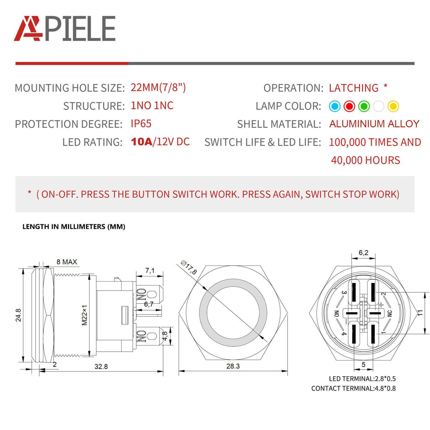 22mm latching aluminum alloy push button switch Specification table