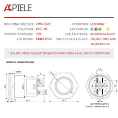 22mm latching aluminum alloy push button switch Specification table