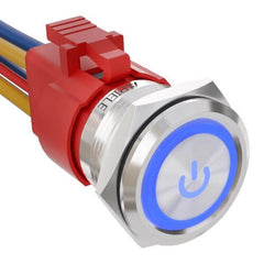 10 Amp 22mm Latching Push Button Switch Angel Eye LED Waterproof Round Self-Locking 7/8'' 1NO 1NC - Blue/Stainless steel-Power Logo