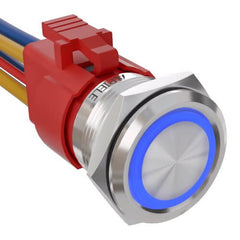 10 Amp 22mm Latching Push Button Switch Angel Eye LED Waterproof Round Self-Locking 7/8'' 1NO 1NC - Blue/Stainless steel-Flat Head