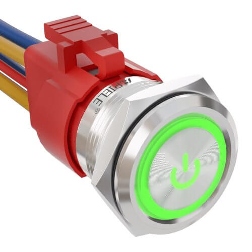 10 Amp 22mm Latching Push Button Switch Angel Eye LED Waterproof Round Self-Locking 7/8'' 1NO 1NC - Green/Stainless steel-Power Logo