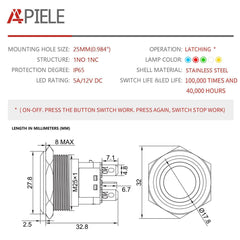 25mm latching stainless steel push button switch Specification table