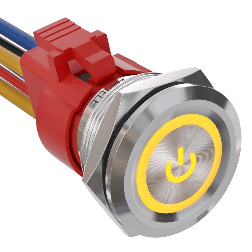 10 Amp 25mm Latching Push Button Switch Angel Eye LED Waterproof Stainless Steel Round Self Locking 1'' 1NO 1NC - Yellow/Stainless steel-Power Logo
