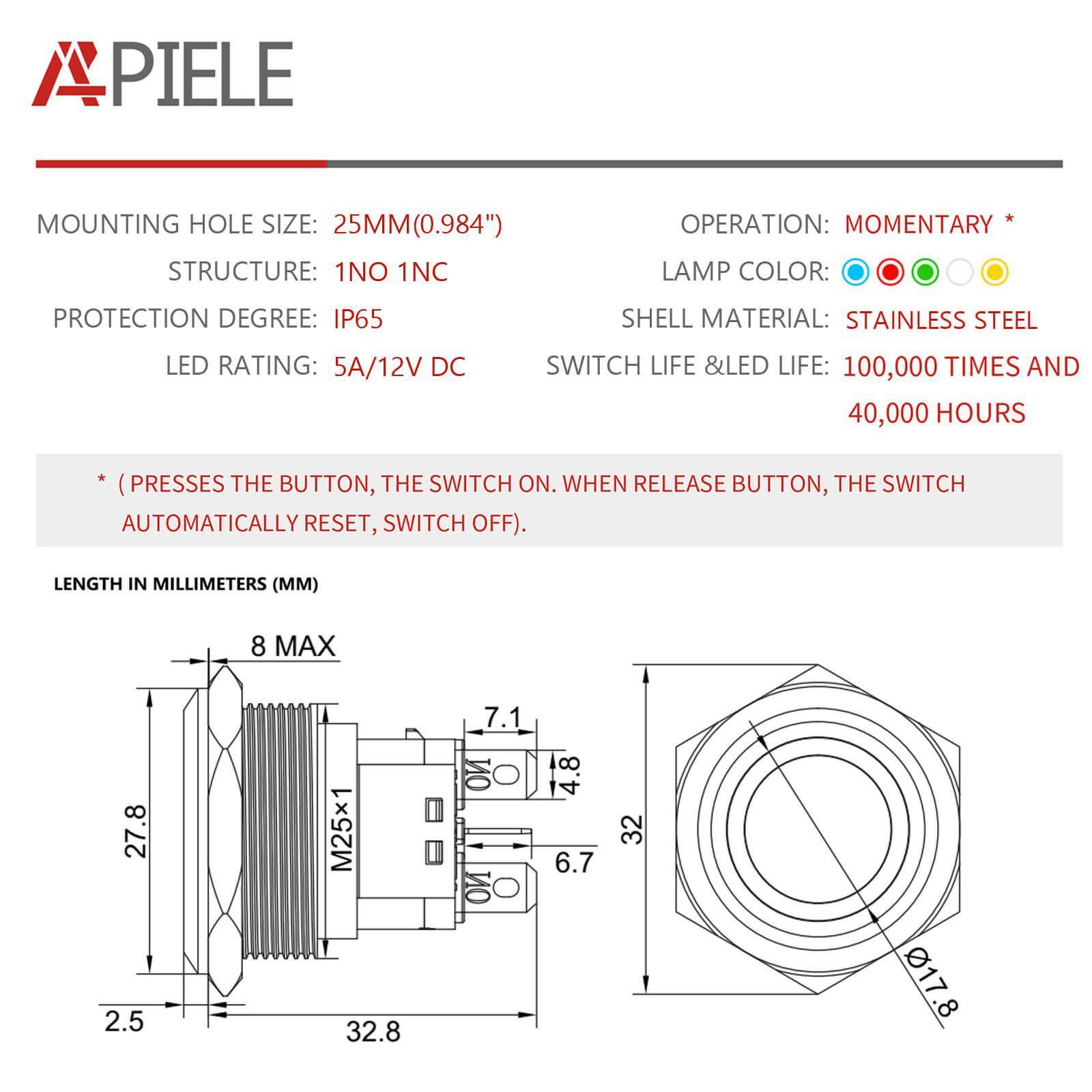 25mm momentary stainless steel push button switch Specification table
