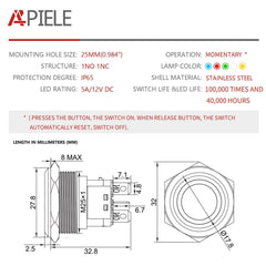 25mm momentary stainless steel push button switch Specification table