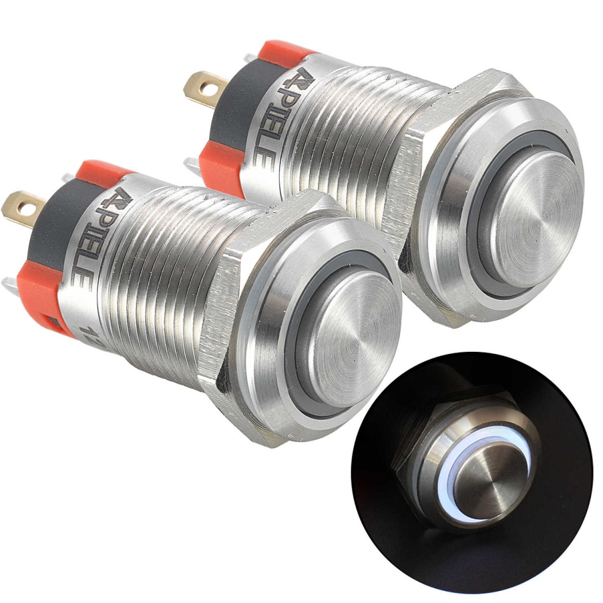 12mm Latching/Momentary Push Button Switch High Head Stainless Steel with Ring Led IP65 Waterproof (Pcs of 2) Customizable - White-Latching