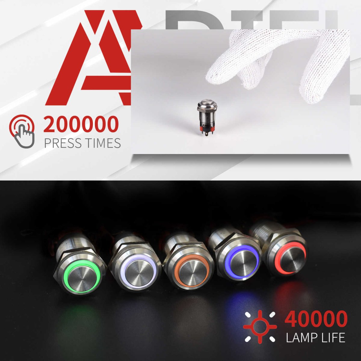 12mm Latching/Momentary Push Button Switch High Head Stainless Steel with Ring Led IP65 Waterproof (Pcs of 2) Customizable - Blue-Latching