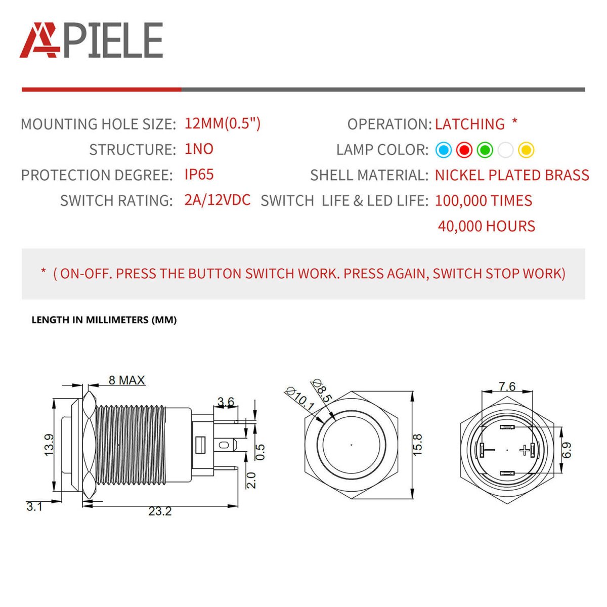 12mm Latching/Momentary Push Button Switch High Head Stainless Steel with Ring Led IP65 Waterproof (Pcs of 2) Customizable - Blue-Latching