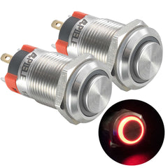 12mm Latching/Momentary Push Button Switch High Head Stainless Steel with Ring Led IP65 Waterproof (Pcs of 2) Customizable - Red-Latching