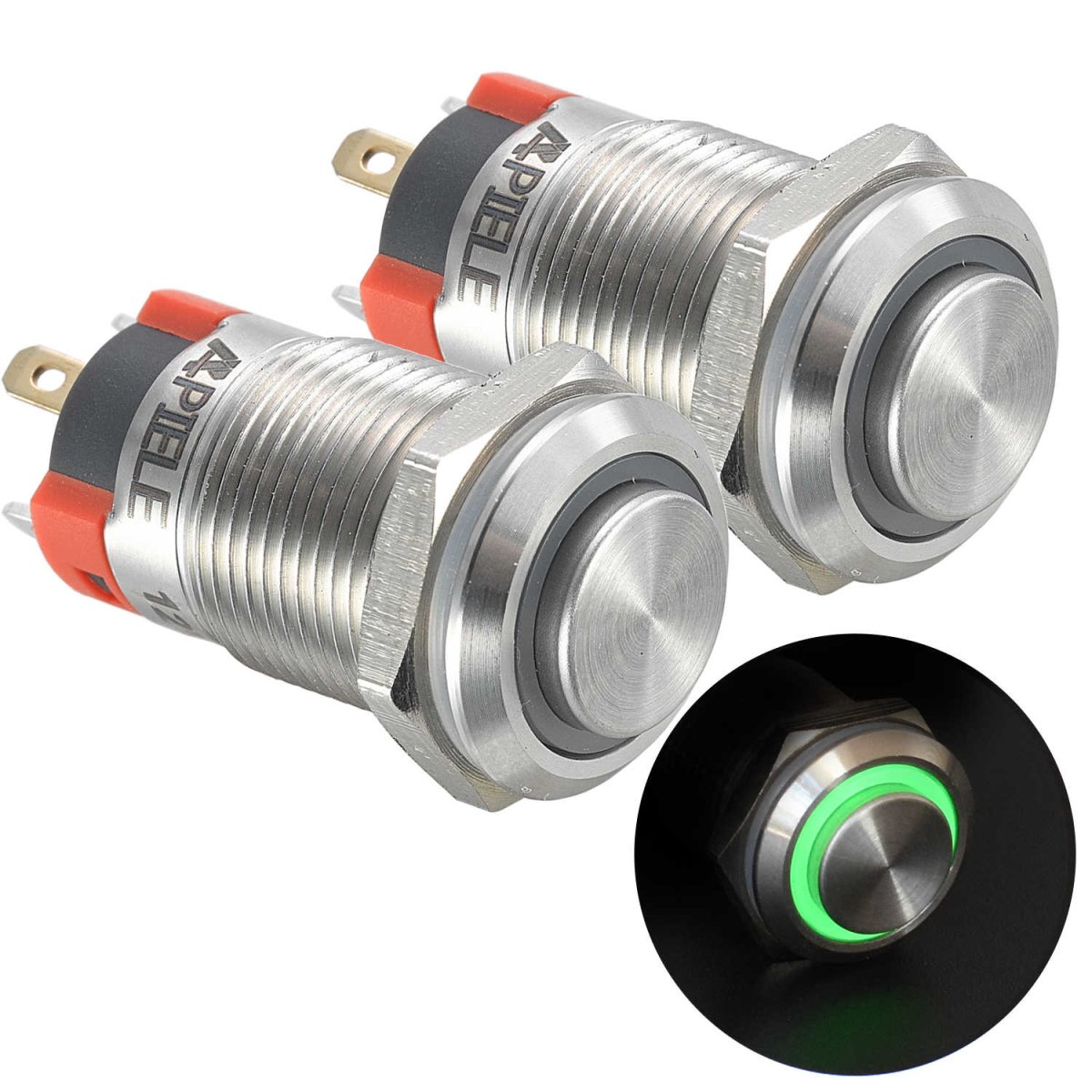 12mm Latching/Momentary Push Button Switch High Head Stainless Steel with Ring Led IP65 Waterproof (Pcs of 2) Customizable - Green-Latching