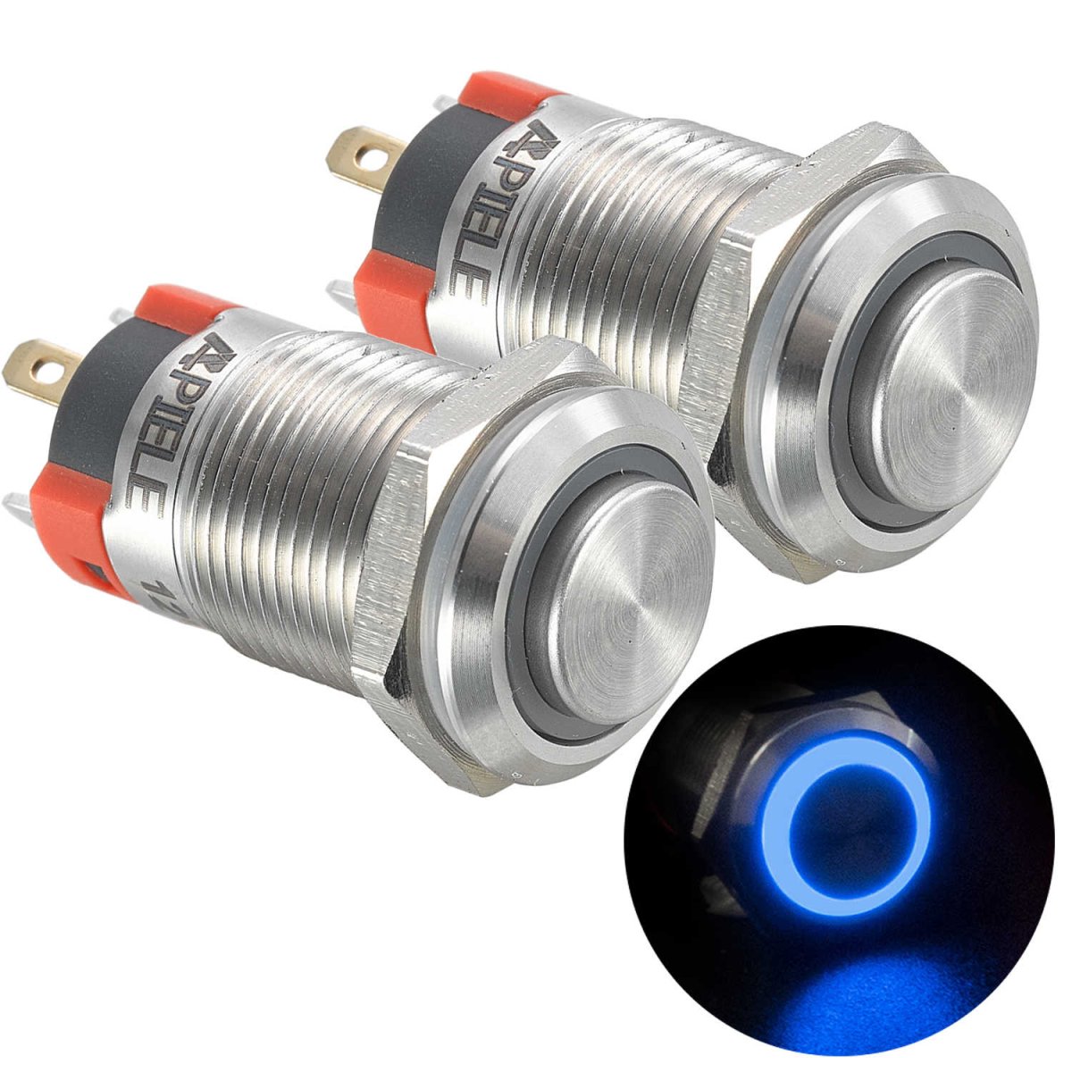 12mm Latching/Momentary Push Button Switch High Head Stainless Steel with Ring Led IP65 Waterproof (Pcs of 2) Customizable - Blue-Latching