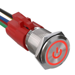 16mm Latching Push Button Switch On Off Stainless Steel with LED with Wire Socket Plug Self-Locking - Red/Stainless steel-Power Logo