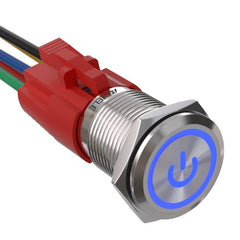 16mm Latching Push Button Switch On Off Stainless Steel with LED with Wire Socket Plug Self-Locking - Blue/Stainless steel-Power Logo
