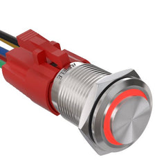16mm Latching Push Button Switch On Off Stainless Steel with LED with Wire Socket Plug Self-Locking - Red/Stainless steel-High Head