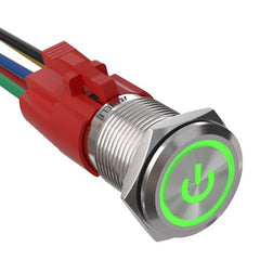 16mm Latching Push Button Switch On Off Stainless Steel with LED with Wire Socket Plug Self-Locking - Green/Stainless steel-Power Logo