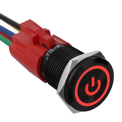 16mm Latching Push Button Switch On Off Stainless Steel with LED with Wire Socket Plug Self-Locking - Red/Aluminum alloy-Power Logo