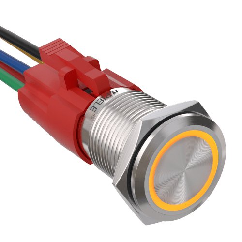 16mm Latching Push Button Switch On Off Stainless Steel with LED with Wire Socket Plug Self-Locking - Yellow/Stainless steel-Flat Head