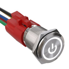 16mm Momentary Push Button Switch On Off Stainless Steel with LED and Wire Socket Self-Reset - White/Stainless steel-Power Logo