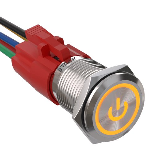16mm Momentary Push Button Switch On Off Stainless Steel with LED and Wire Socket Self-Reset - Yellow/Stainless steel-Power Logo