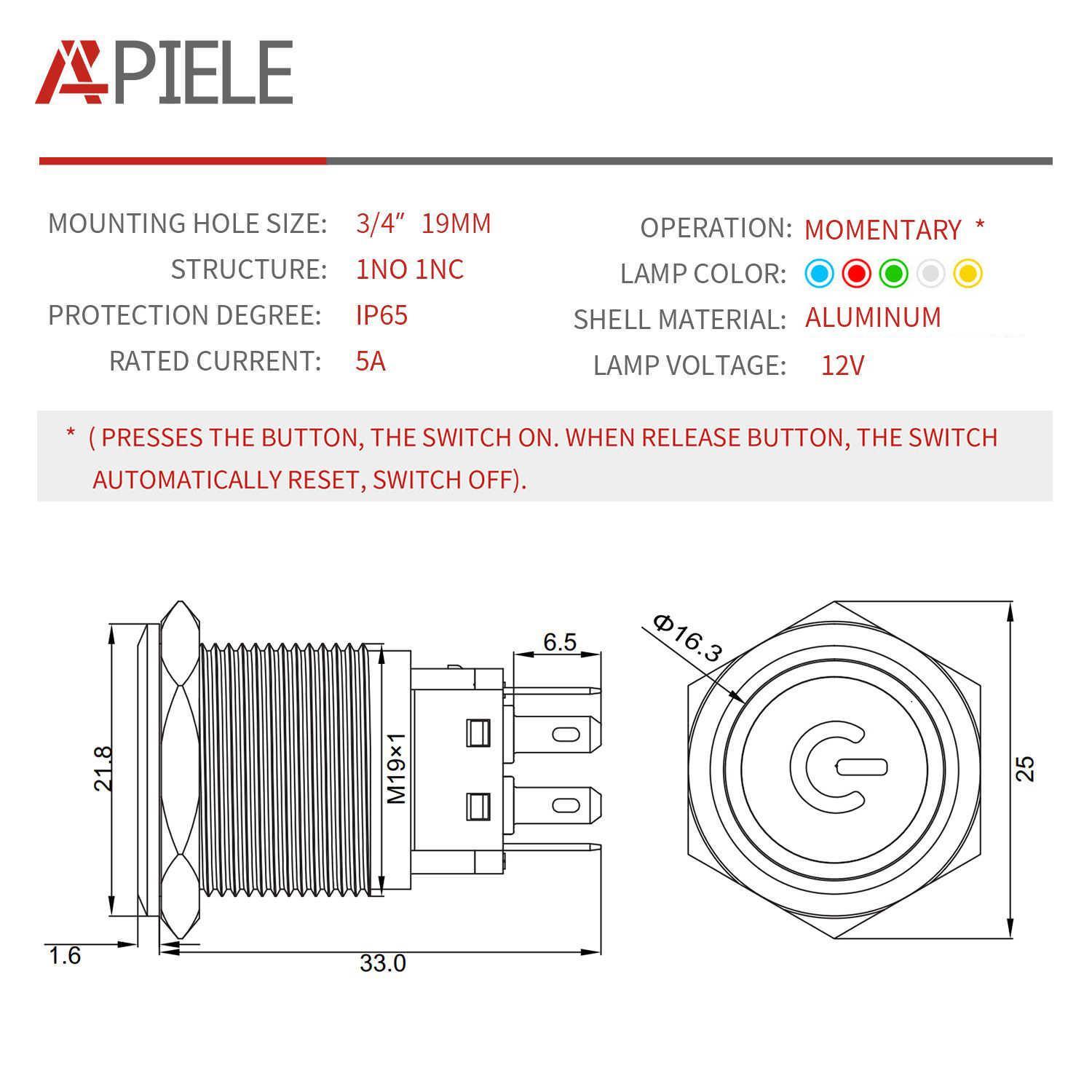 19mm momentary aluminum alloy power logo push button switch Specification table