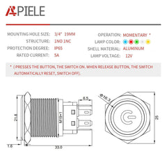 19mm momentary aluminum alloy power logo push button switch Specification table