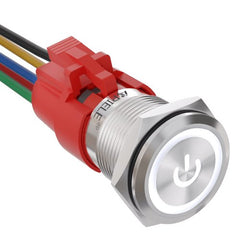 19mm Momentary Push Button Switch with LED and Wire Socket Plug Self-Reset - White/Stainless steel-Power Logo