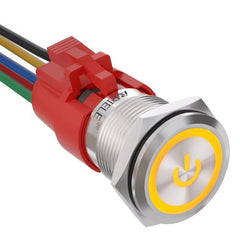 19mm Momentary Push Button Switch with LED and Wire Socket Plug Self-Reset - Yellow/Stainless steel-Power Logo