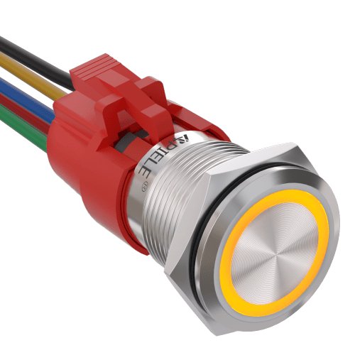 19mm Momentary Push Button Switch with LED and Wire Socket Plug Self-Reset - Yellow/Stainless steel-Flat Head