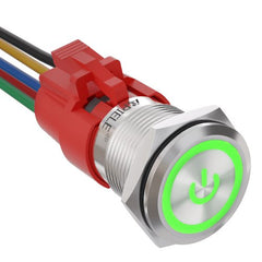 19mm Momentary Push Button Switch with LED and Wire Socket Plug Self-Reset - Green/Stainless steel-Power Logo