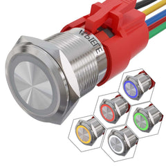 19mm Momentary Push Button Switch with LED and Wire Socket Plug Self-Reset - Blue/Stainless steel-Flat Head