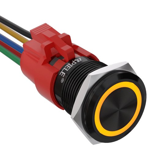 19mm Momentary Push Button Switch with LED and Wire Socket Plug Self-Reset - Yellow/Aluminum alloy-Flat Head