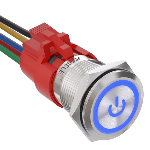 19mm Momentary Push Button Switch with LED and Wire Socket Plug Self-Reset - Blue/Stainless steel-Power Logo