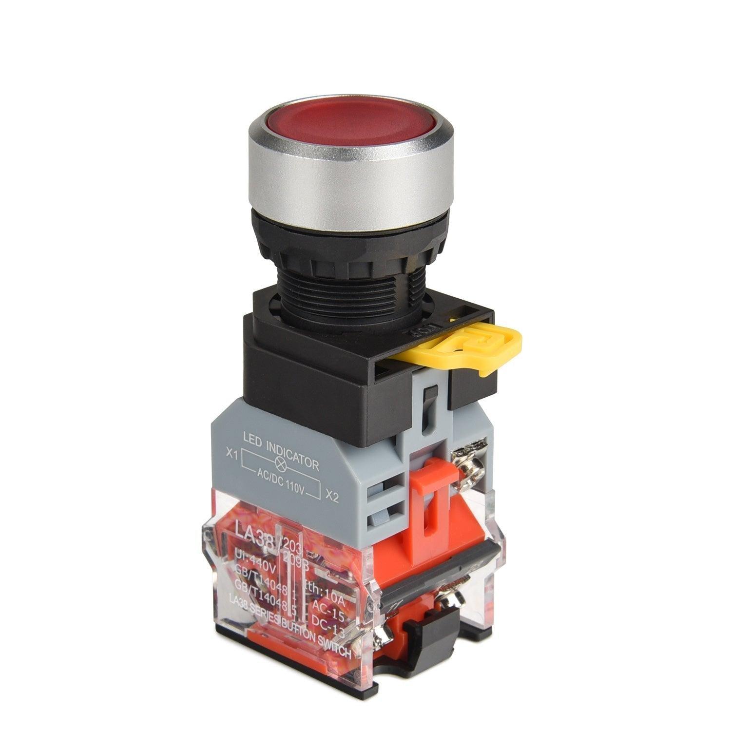 22mm Momentary Push Button Switch Plastic Body Metal Head with Led 110-120V AC/DC (Green Red) - APIELE