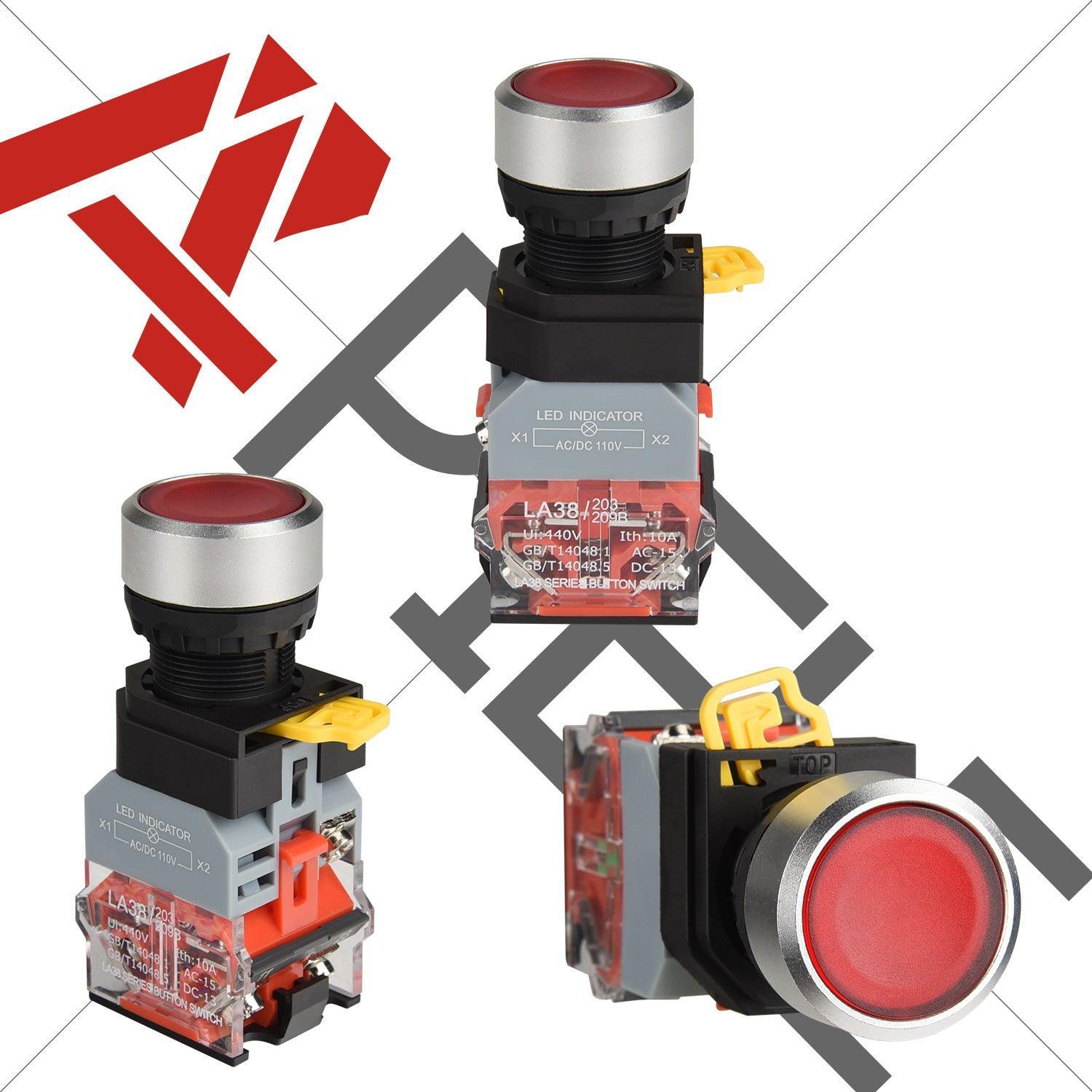 22mm Momentary Push Button Switch Plastic Body Metal Head with Led 110-120V AC/DC (Green Red) - APIELE