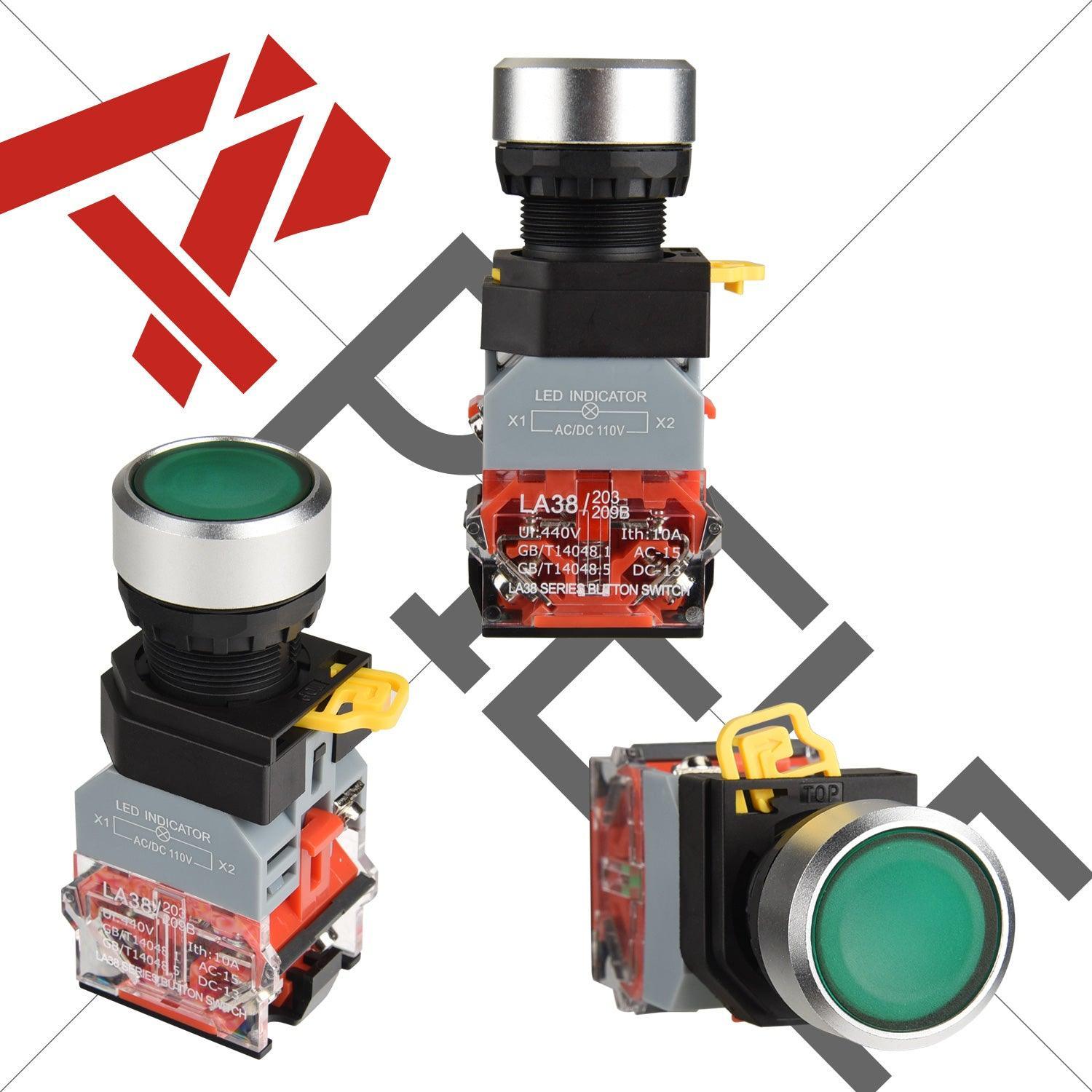 22mm Momentary Push Button Switch Plastic Body Metal Head with Led 110-120V AC/DC (Green Red) - APIELE