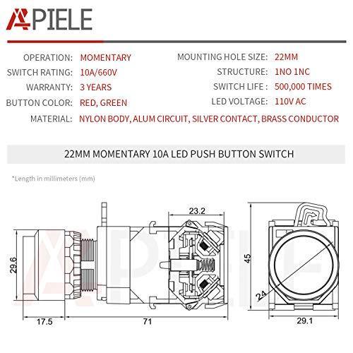 22mm Momentary Push Button Switch Plastic Body Metal Head with Led 110-120V AC/DC (Green Red) - APIELE