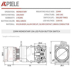 22mm Momentary Push Button Switch Plastic Body Metal Head with Led 110-120V AC/DC (Green Red) - APIELE