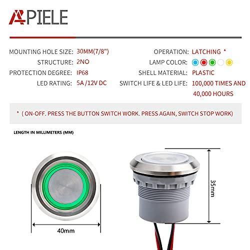 30mm IP68 Latching Push Button Switch 1.18'' Install Size Stainless Steel Head 2NO pre-Wired Green Led Round Button - -