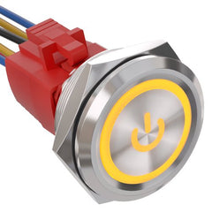 30mm Latching Push Button Switch Angel Eye LED Waterproof Stainless Steel Round Self-Locking 1.18'' 1NO 1NC - Yellow/Stainless steel-Power Logo
