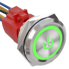 30mm Latching Push Button Switch Angel Eye LED Waterproof Stainless Steel Round Self-Locking 1.18'' 1NO 1NC - Green/Stainless steel-Power Logo