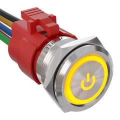 5 Amp 22mm Latching Push Button Switch Ring Led Waterproof - Yellow/Stainless steel-Power Logo