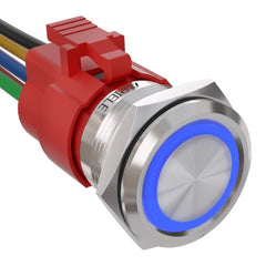 5 Amp 22mm Latching Push Button Switch Ring Led Waterproof - Blue/Stainless steel-Flat Head