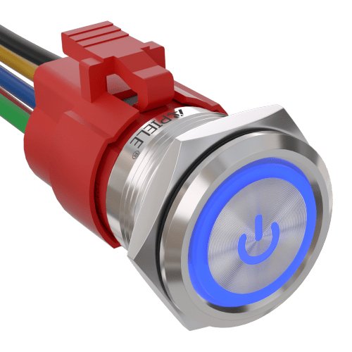 5 Amp 22mm Latching Push Button Switch Ring Led Waterproof - Blue/Stainless steel-Power Logo
